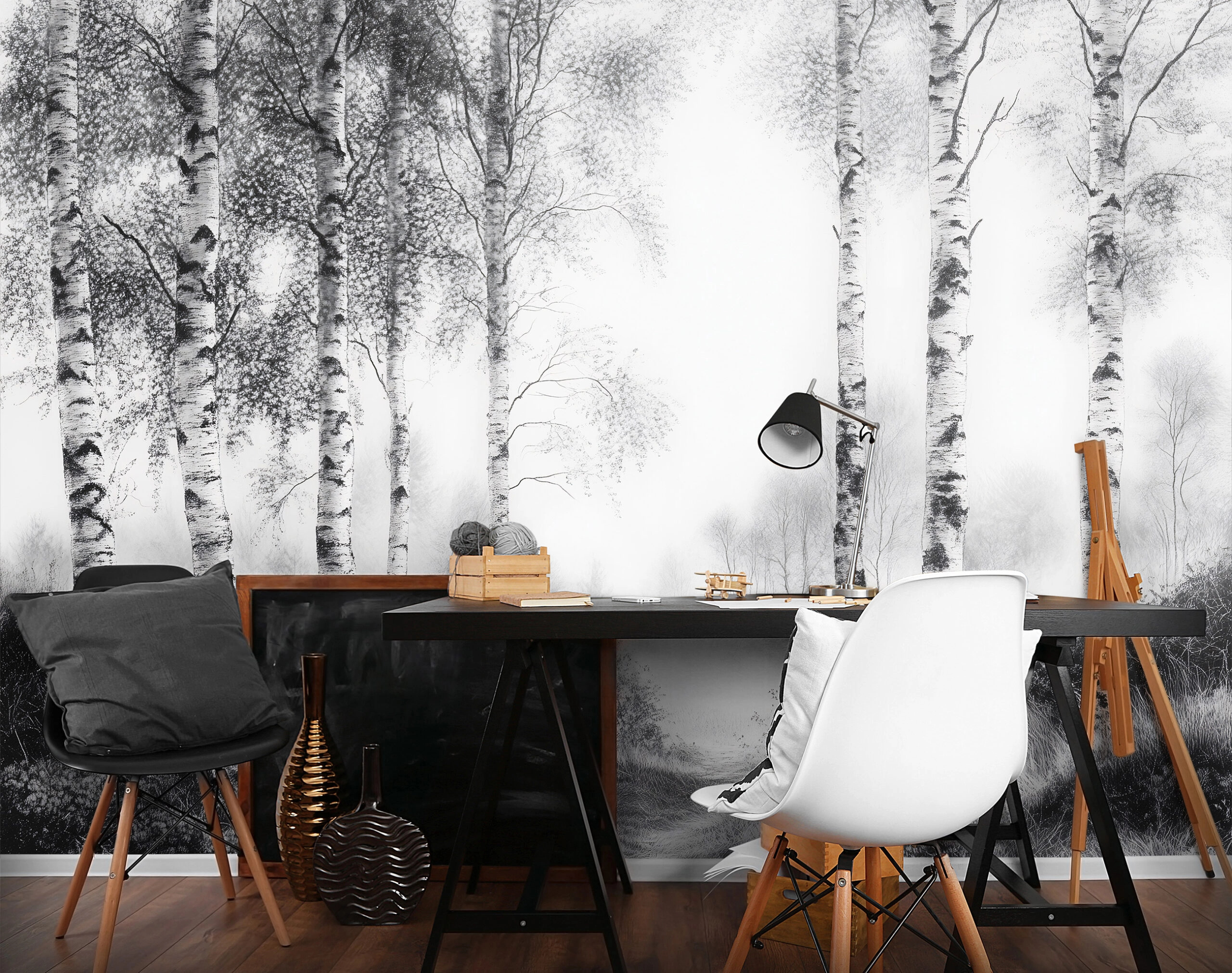 Fotótapéta nyárfa erdős táj fekete-fehér árnyalatokban 368x254 vlies