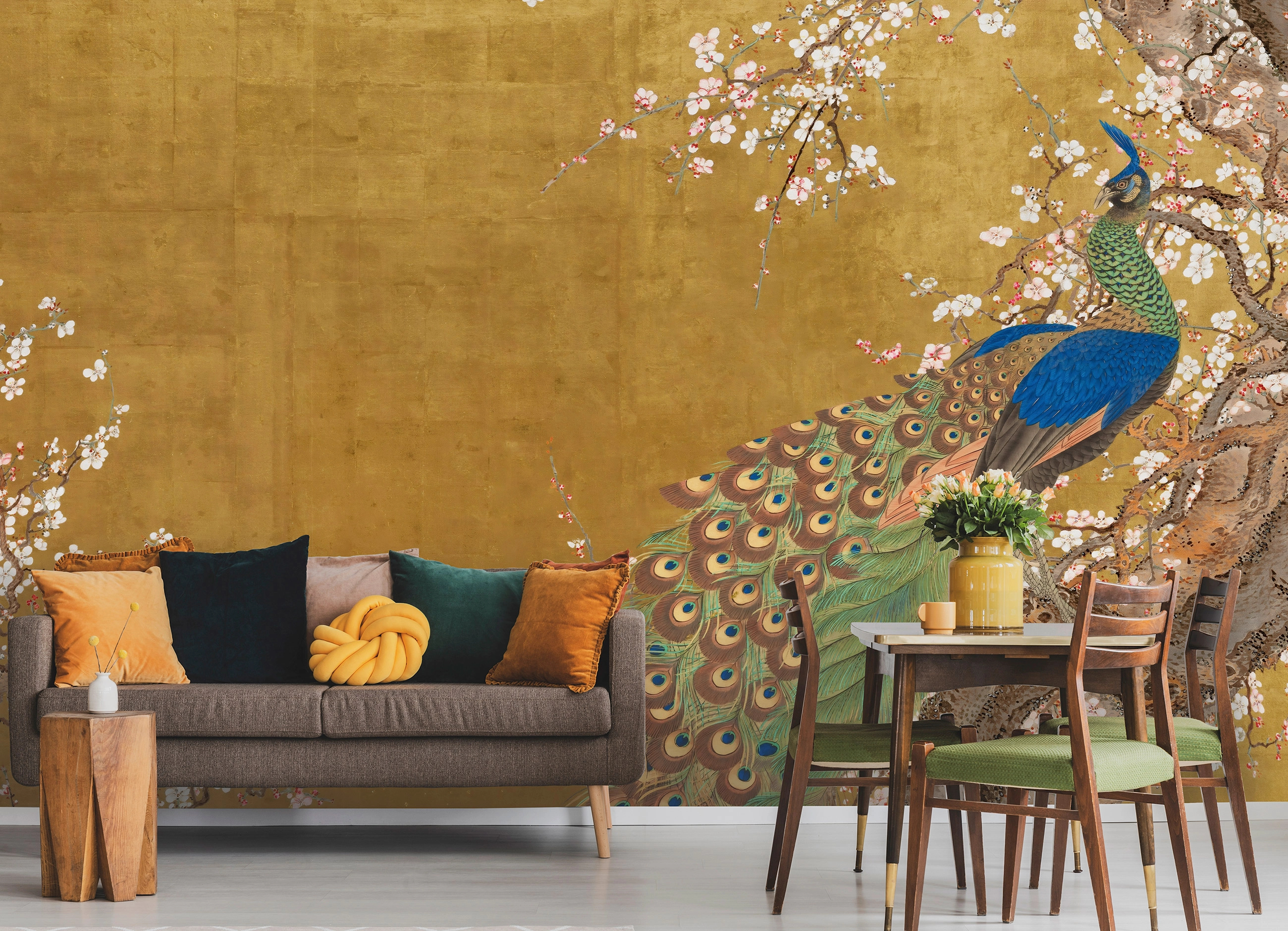 Fotótapéta okkersárga háttér egy fa ágon ülő pávával 368x254 vlies