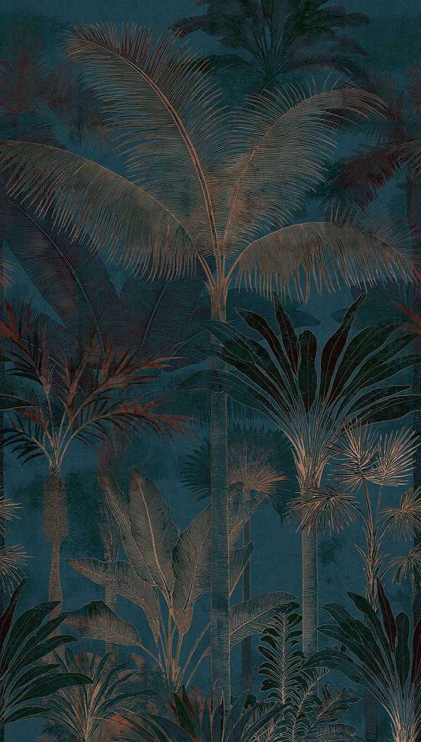 Fotótapéta pálmaerdő mintával vinyl metálos bronz és kék színben