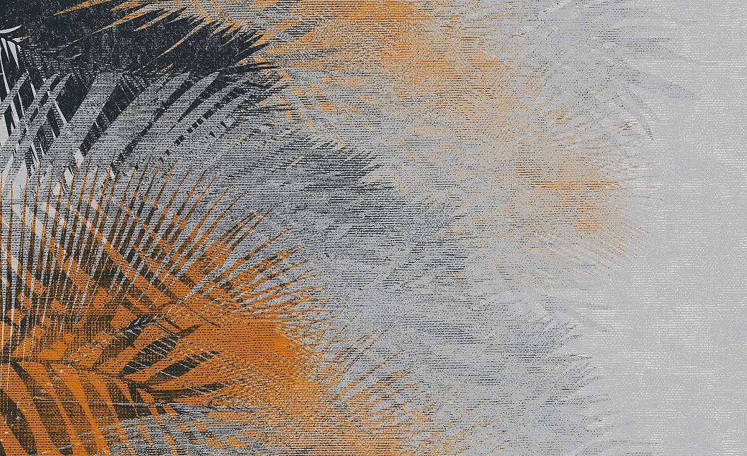 Fotótapéta pálmalevél sziluettel, szürke, fekete és narancs színekben szőtt hatással 368x254 vlies