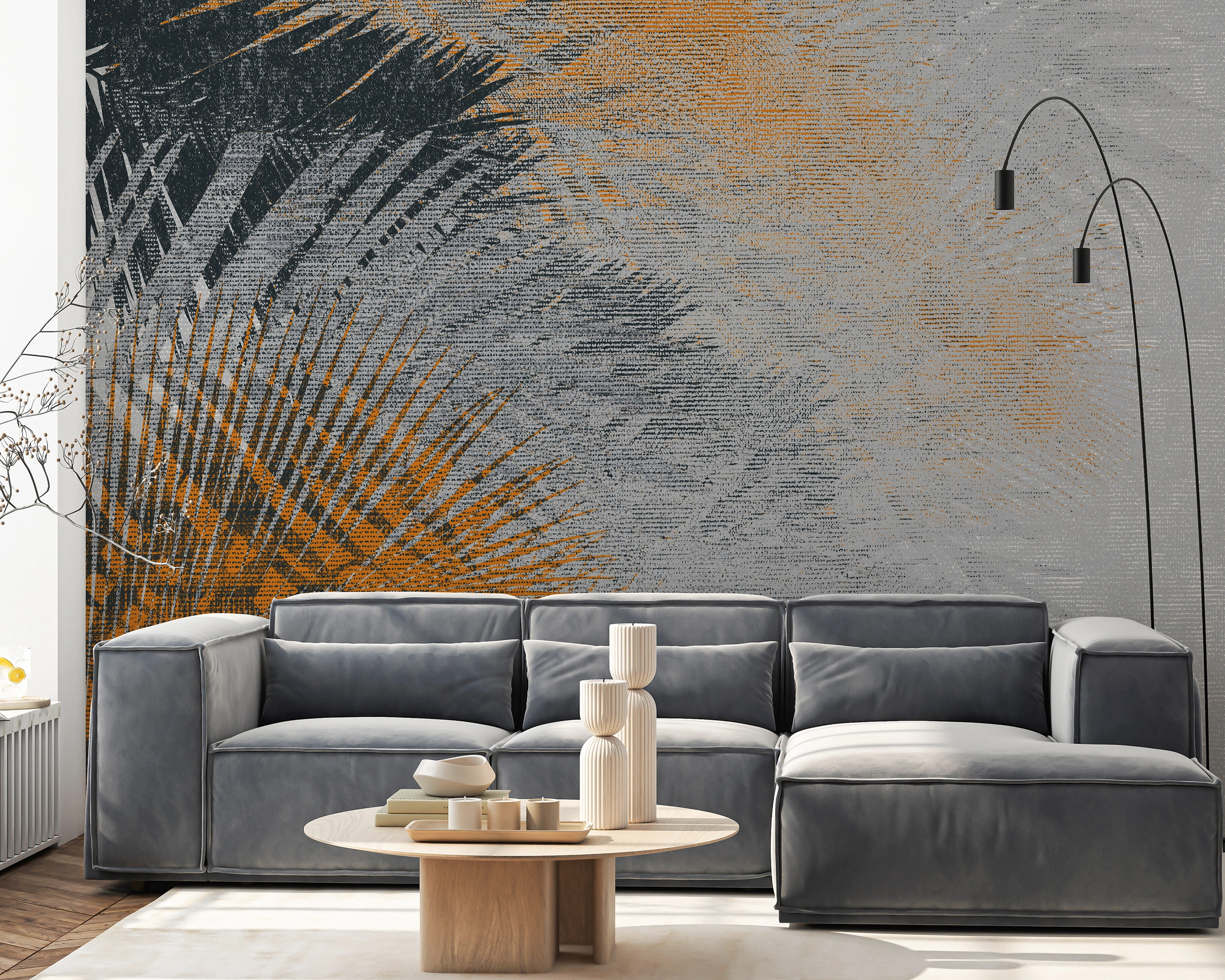 Fotótapéta pálmalevél sziluettel, szürke, fekete és narancs színekben szőtt hatással 368x254 vlies