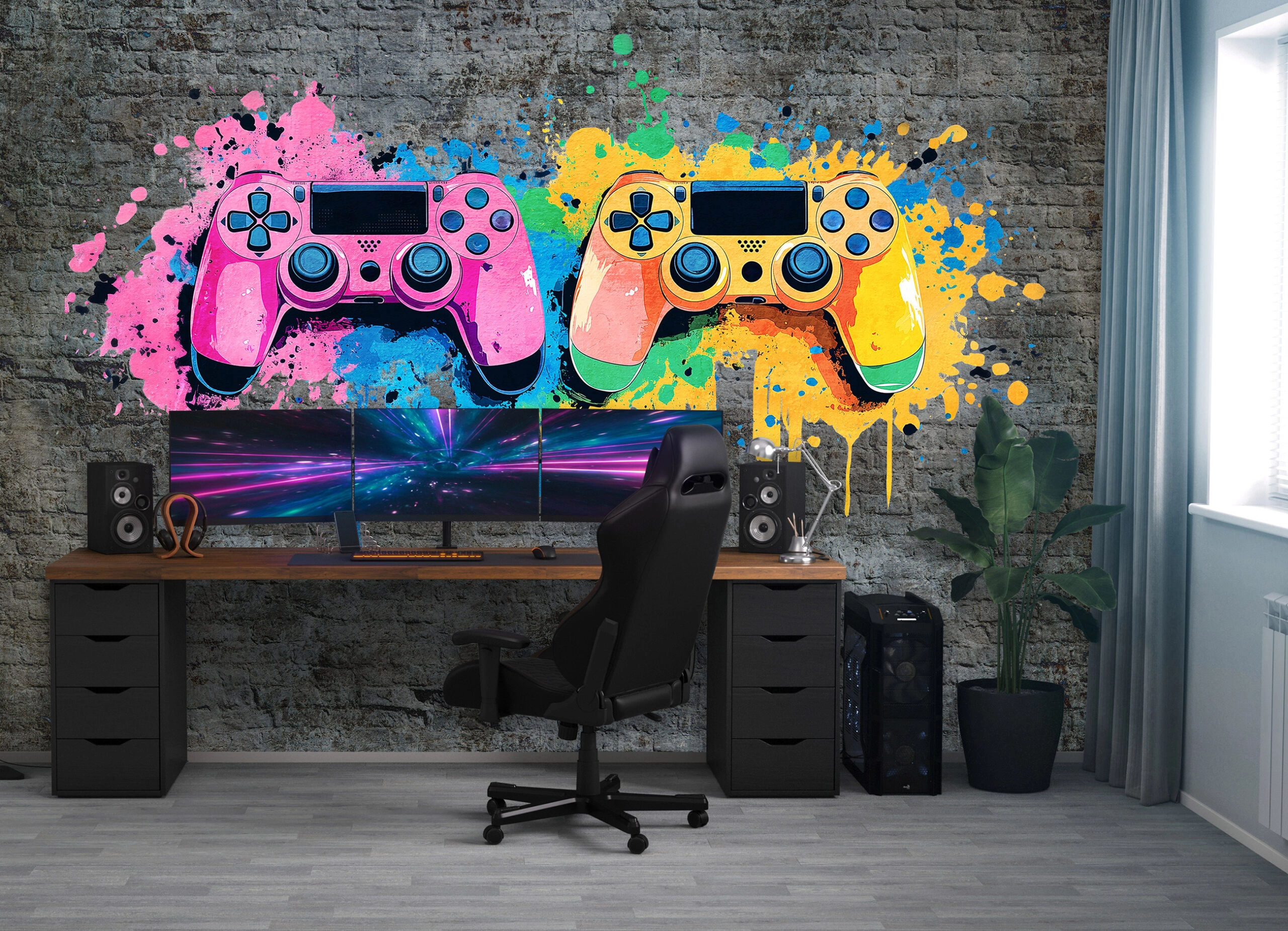 Fotótapéta PlayStation kontrollerek graffiti stílusban sötét szürke háttéren 368x254 vlies