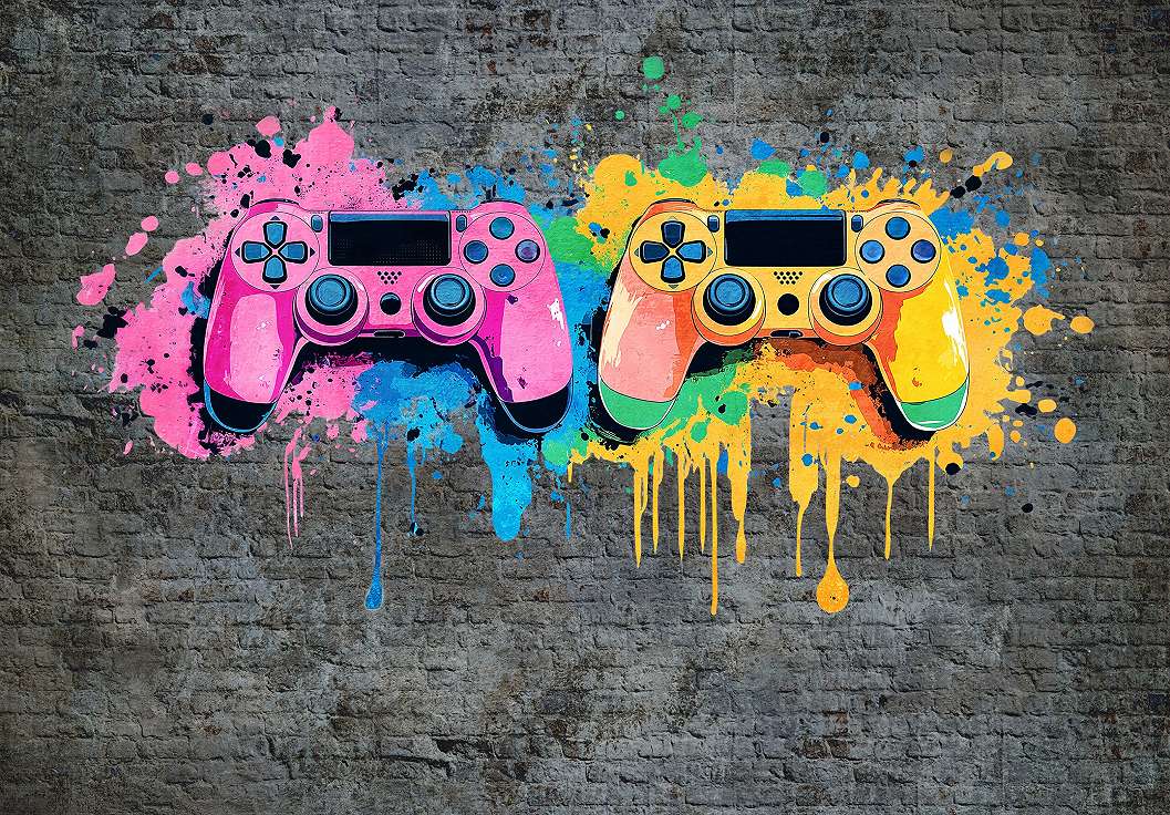 Fotótapéta PlayStation kontrollerek graffiti stílusban sötét szürke háttéren 368x254 vlies