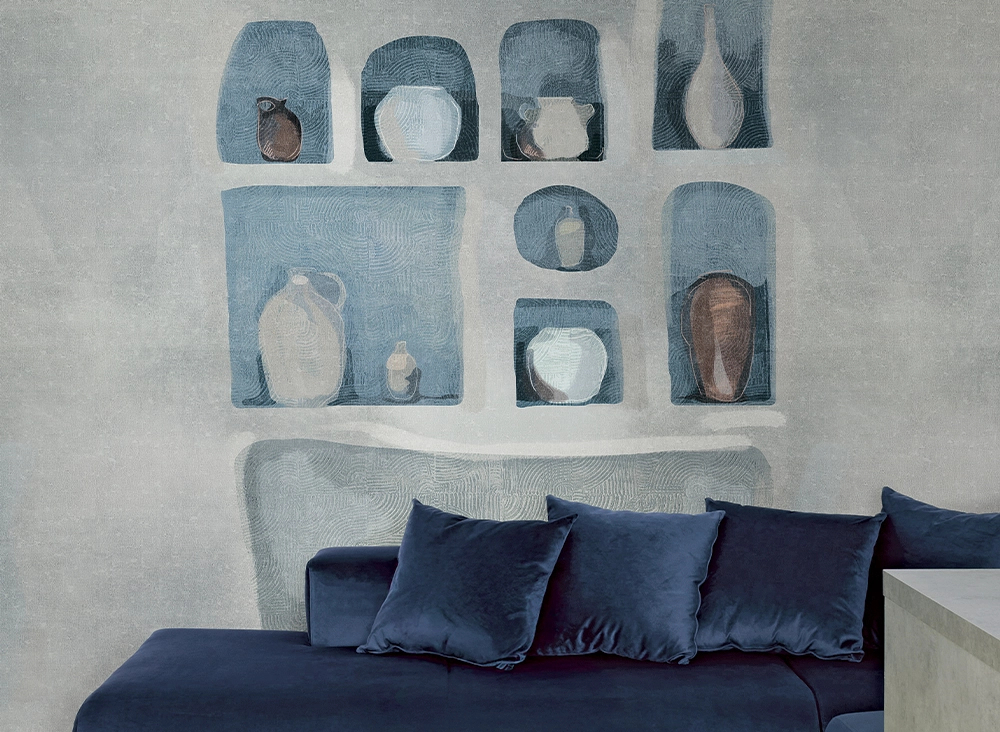 Fotótapéta polc edényekkel mintával fémes hideg színekben