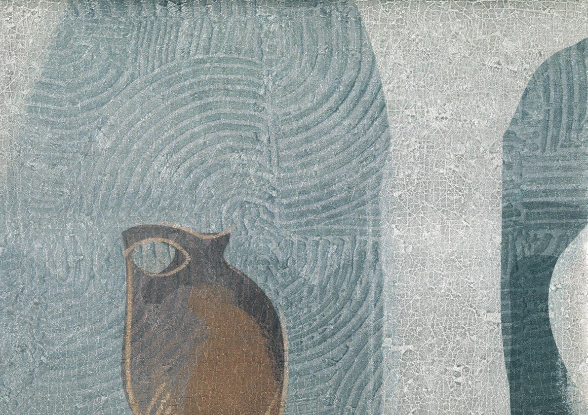 Fotótapéta polc edényekkel mintával fémes hideg színekben