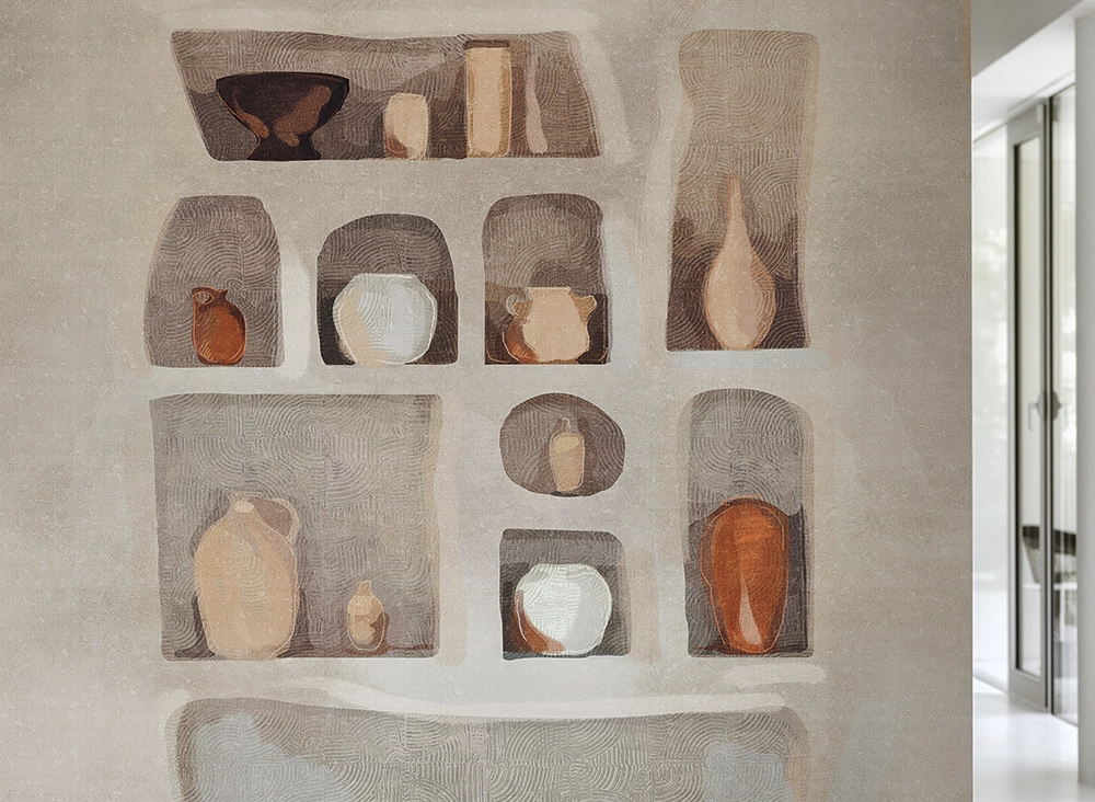 Fotótapéta polc edényekkel mintával fémes meleg színekben