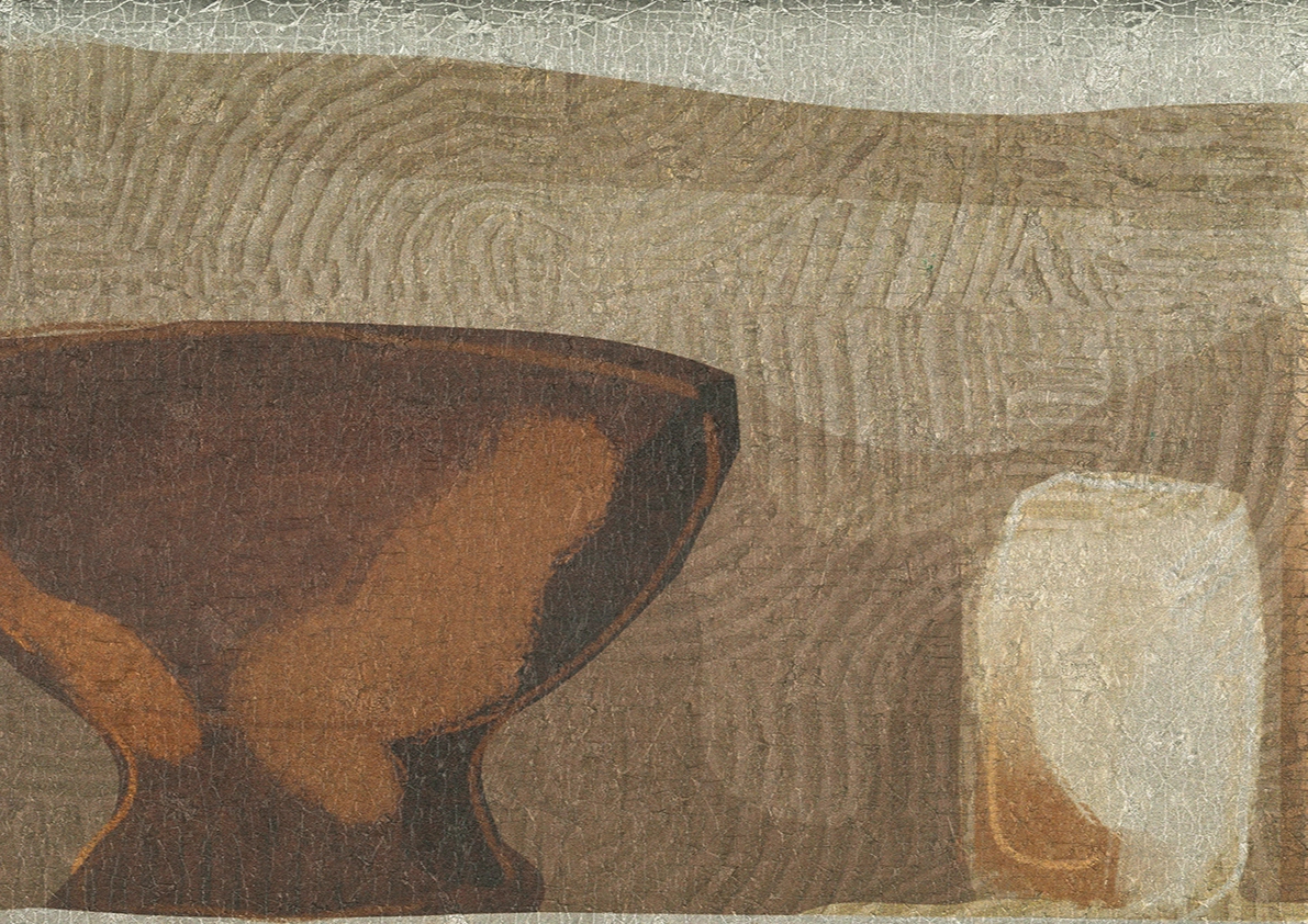 Fotótapéta polc edényekkel mintával fémes meleg színekben