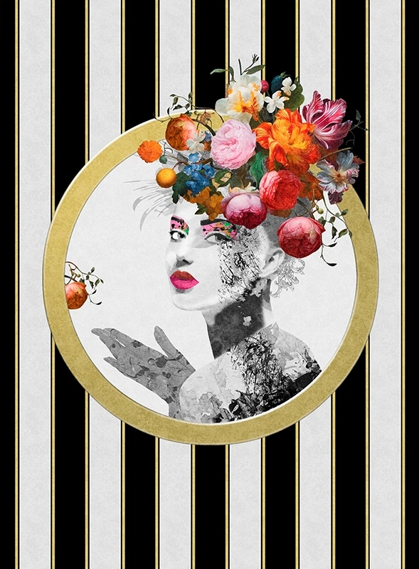 Fotótapéta Pompöös női portré fekete csíkos háttérrel