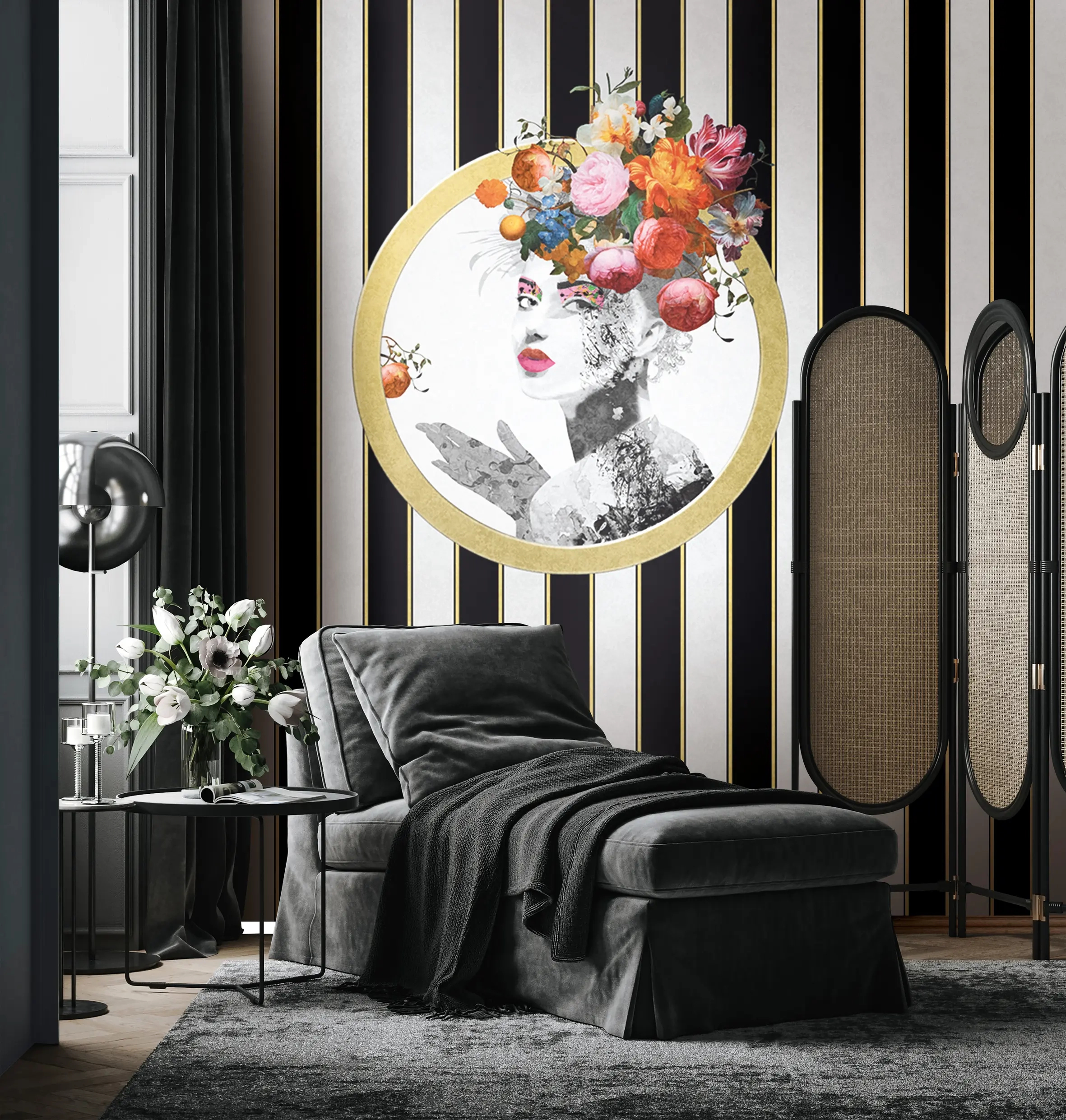 Fotótapéta Pompöös női portré fekete csíkos háttérrel