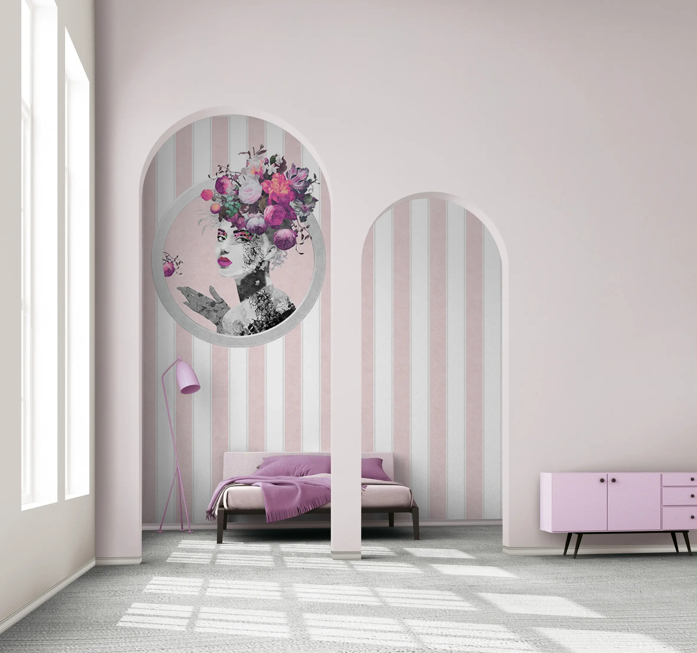 Fotótapéta Pompöös női portré rózsaszín csíkos háttérrel