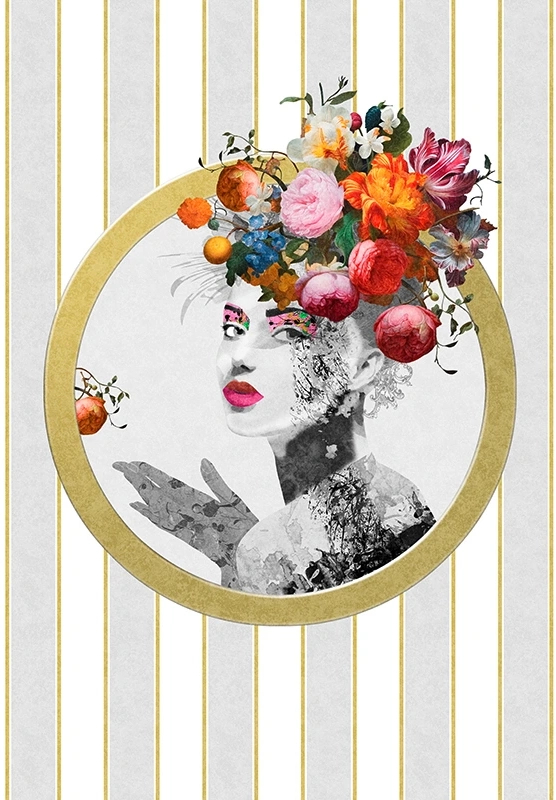 Fotótapéta Pompöös női portré szürke és sárga csíkos háttérrel