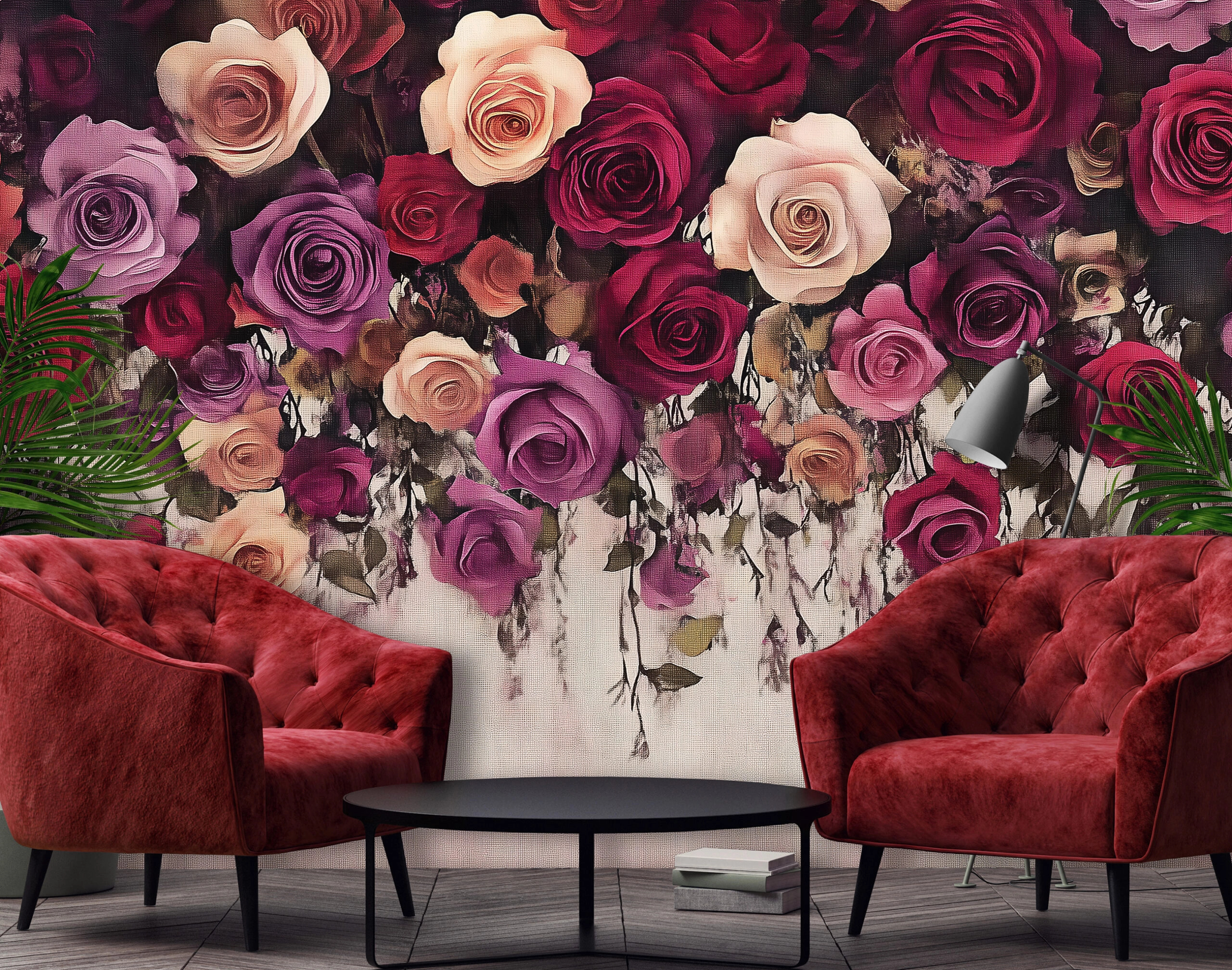Fotótapéta rózsa mintával barack, vörös és lila színben 368x254 vlies