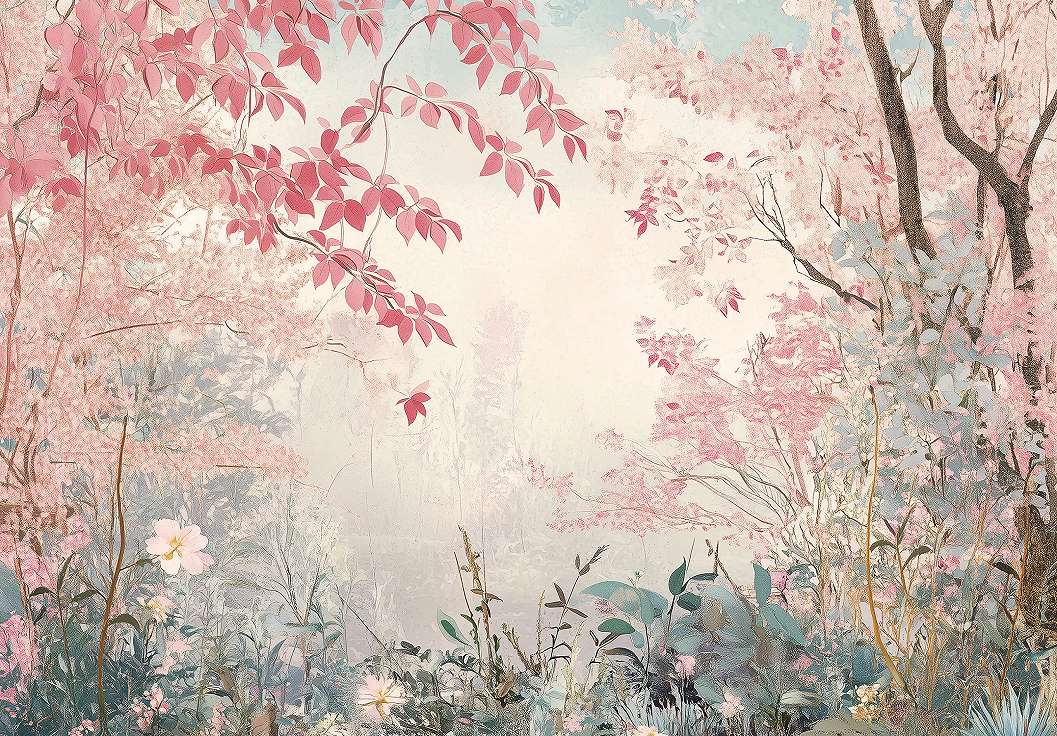Fotótapéta rózsaszín romantikus erdő virágokkal mintával 368x254 vlies
