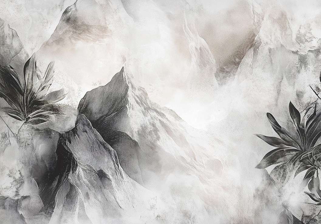 Fotótapéta sejtelmes hegyvonulatok pálmafákkal szürke szín világban 368x254 vlies