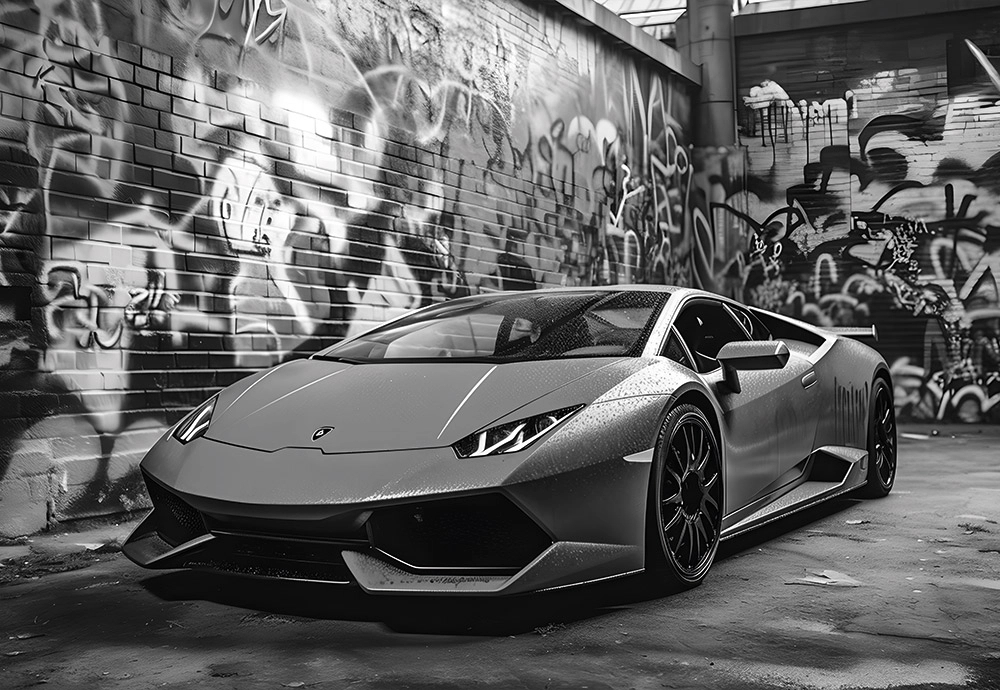 Fotótapéta sportautó mintával fekete fehér színben 368cm szélesség X 254cm magasság