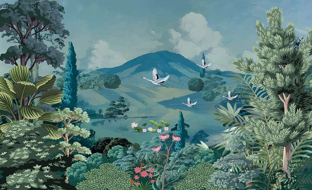 Fotótapéta stilizált páfrányok, ciprus fák és darumadaras tájkép 368x254 vlies