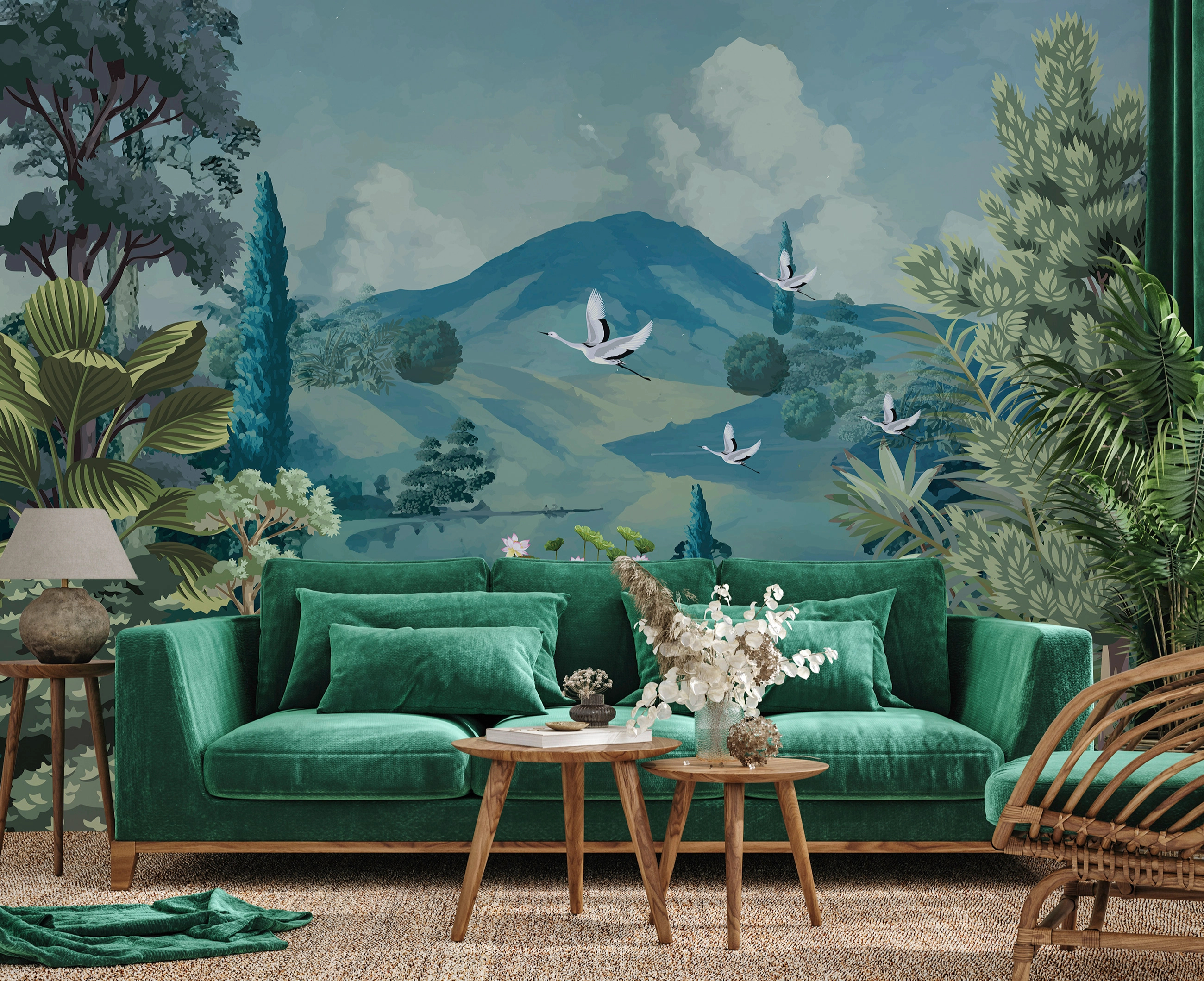 Fotótapéta stilizált páfrányok, ciprus fák és darumadaras tájkép 368x254 vlies