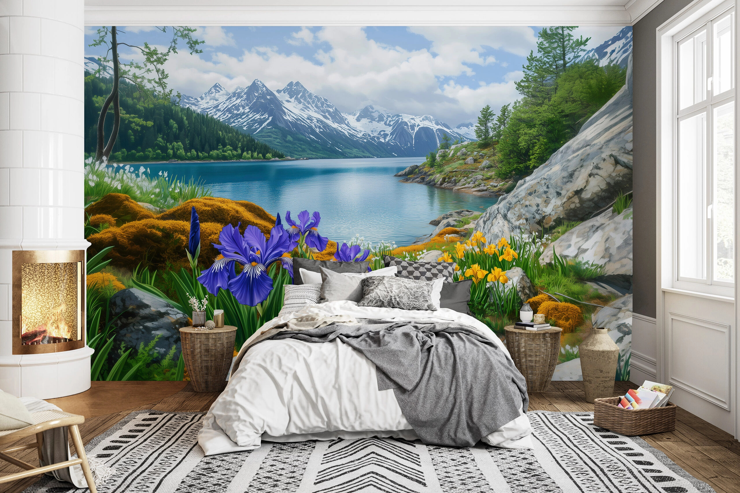 Fotótapéta színes hegyi folyó íriszekkel mintával 368x254 vlies