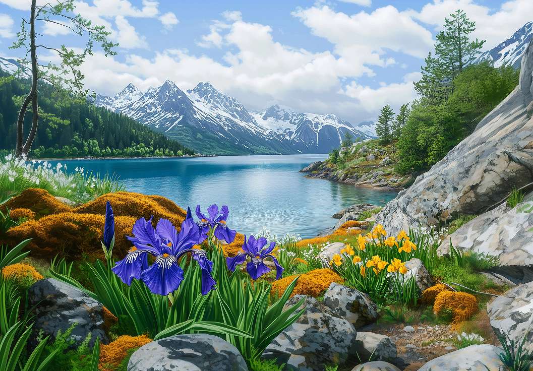 Fotótapéta színes hegyi folyó íriszekkel mintával 368x254 vlies