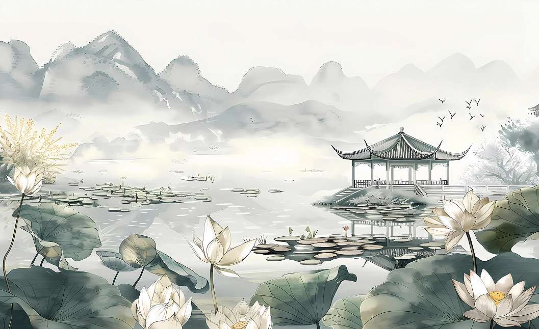 Fotótapéta tavirózsás hegyvidéki tó pagodával 368x254 vlies