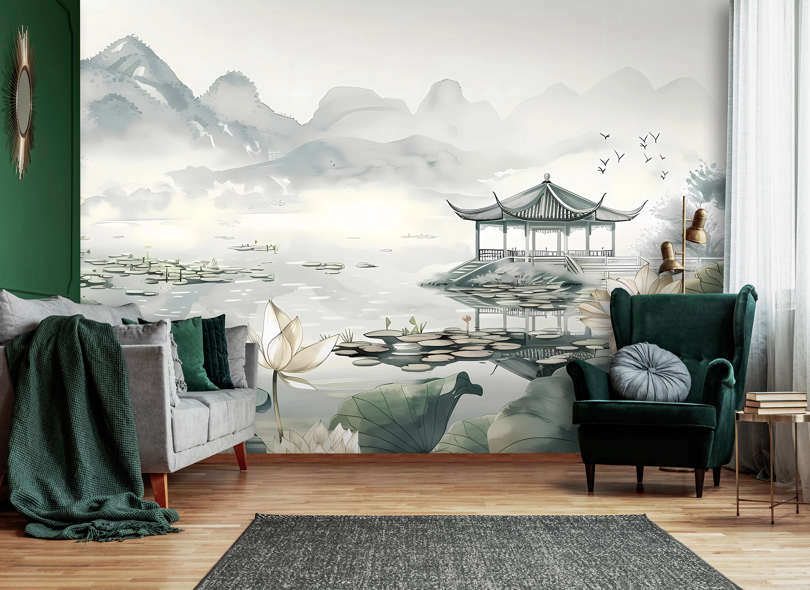 Fotótapéta tavirózsás hegyvidéki tó pagodával 368x254 vlies