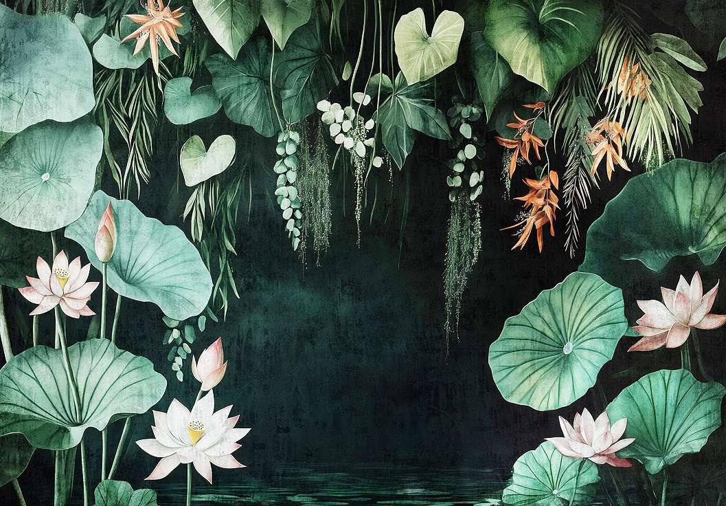 Fotótapéta tavirózsás sejtelmes tó mintás sötét színekkel 368x254 vlies