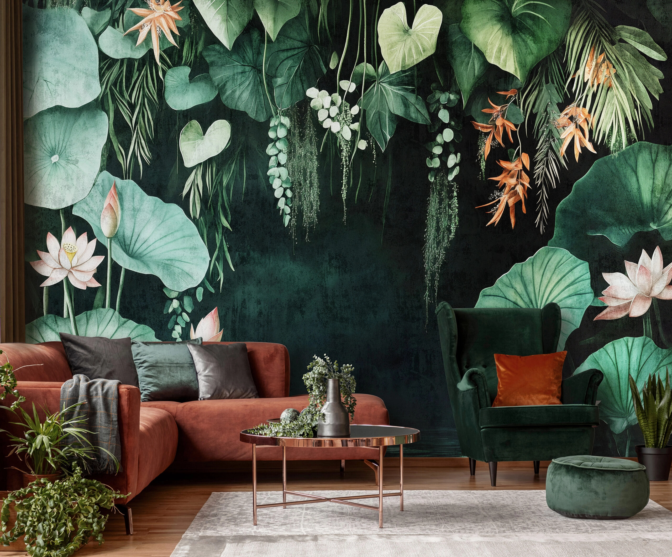 Tavirózsás sejtelmes tó mintás fotótapéta sötét színekkel 368x254 vlies