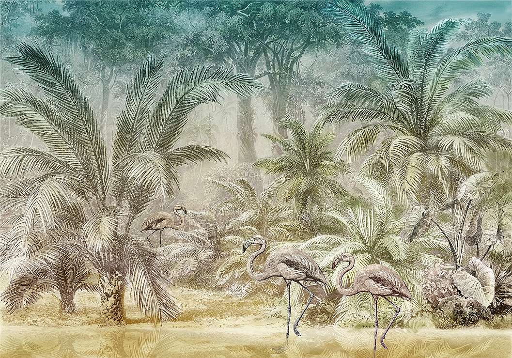 Fotótapéta trópusi hangulatú, flamingókkal pálmafákkal