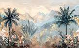 Fotótapéta trópusi növényekkel és hegyvidéki tájkép mintával naplementekor 368x254 vlies