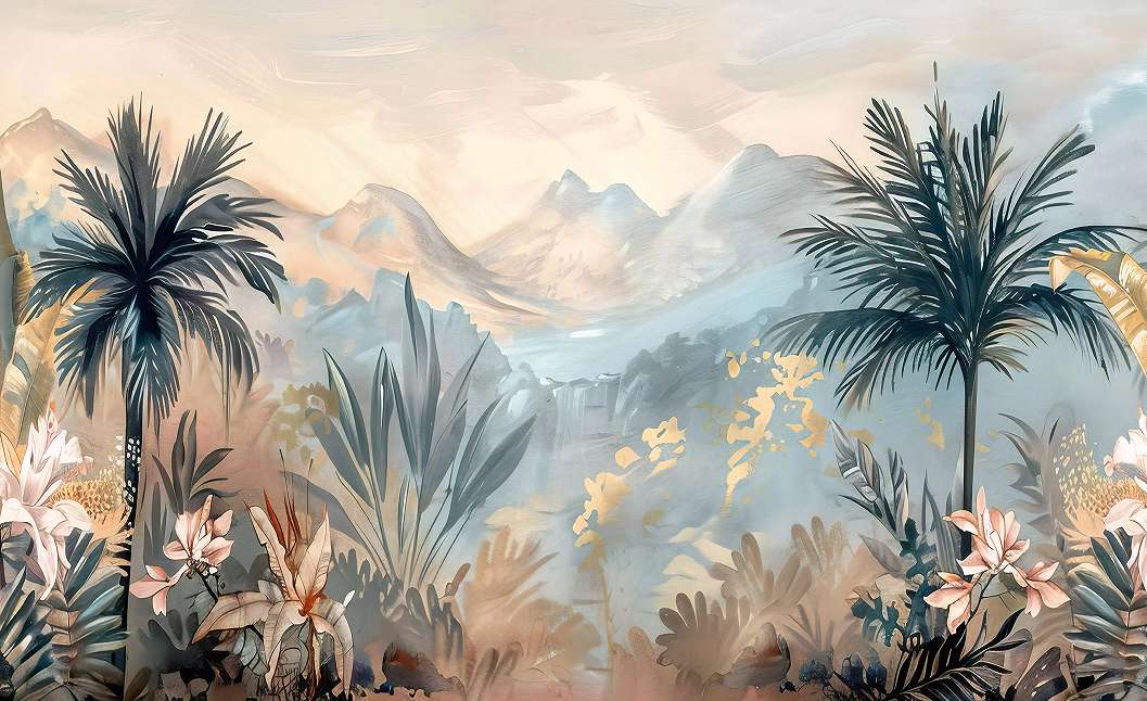 Fotótapéta trópusi növényekkel és hegyvidéki tájkép mintával naplementekor 368x254 vlies