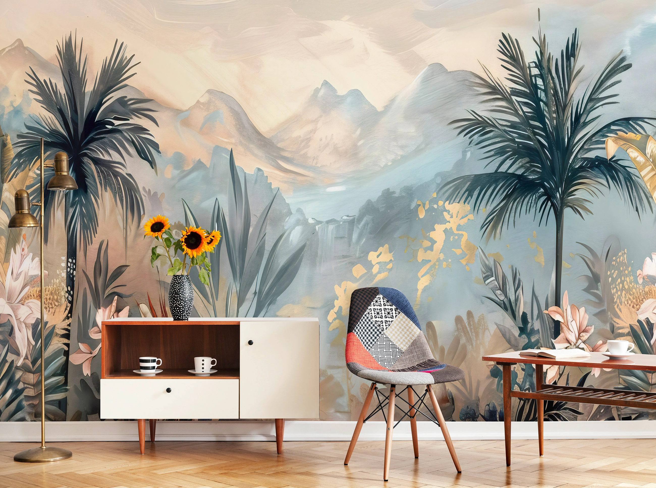 Fotótapéta trópusi növényekkel és hegyvidéki tájkép mintával naplementekor 368x254 vlies