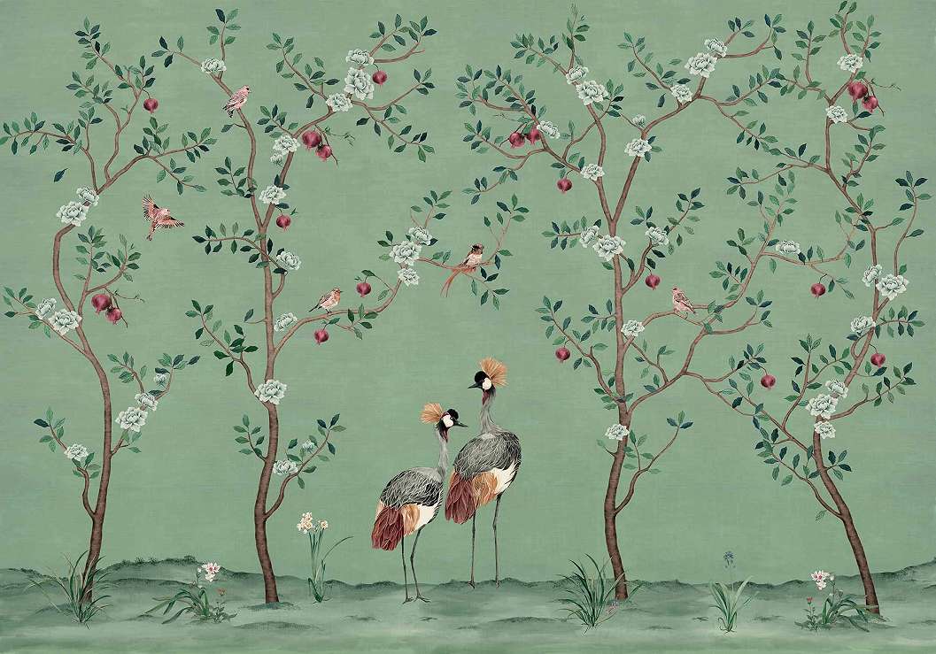 Fotótapéta türkiz chinoiserie stílusi madár és almafa mintával