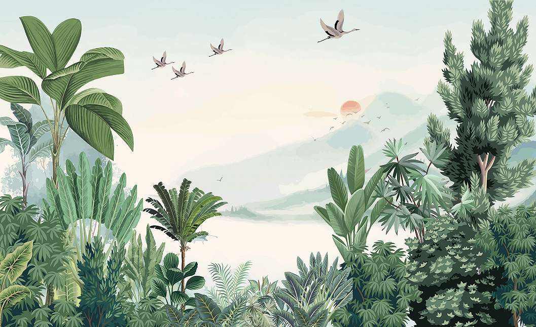 Fotótapéta üde festői trópusi tájkép repülő darumadarakkal 368x254 vlies