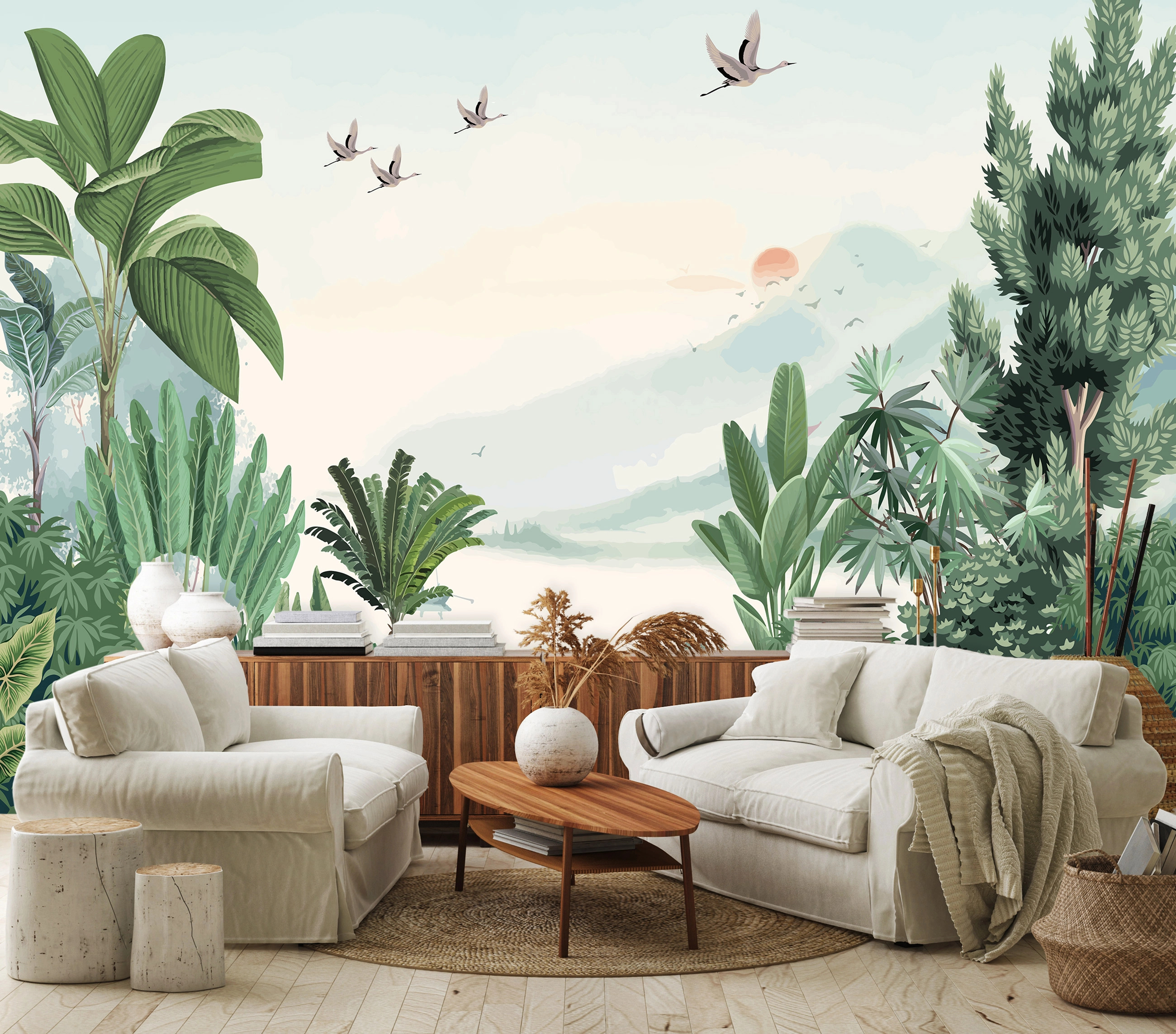 Fotótapéta üde festői trópusi tájkép repülő darumadarakkal 368x254 vlies