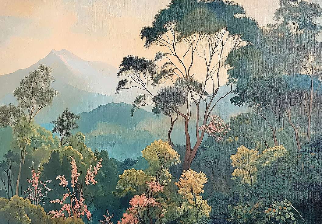 Fotótapéta vászonkép hatású festett színes tájkép fákkal, hegyekkel, virágokkal 368x254 vlies