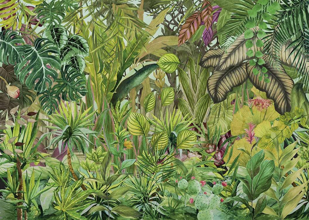 Fotótapéta vidám kékes zöldes buja trópusi botanikus mintával