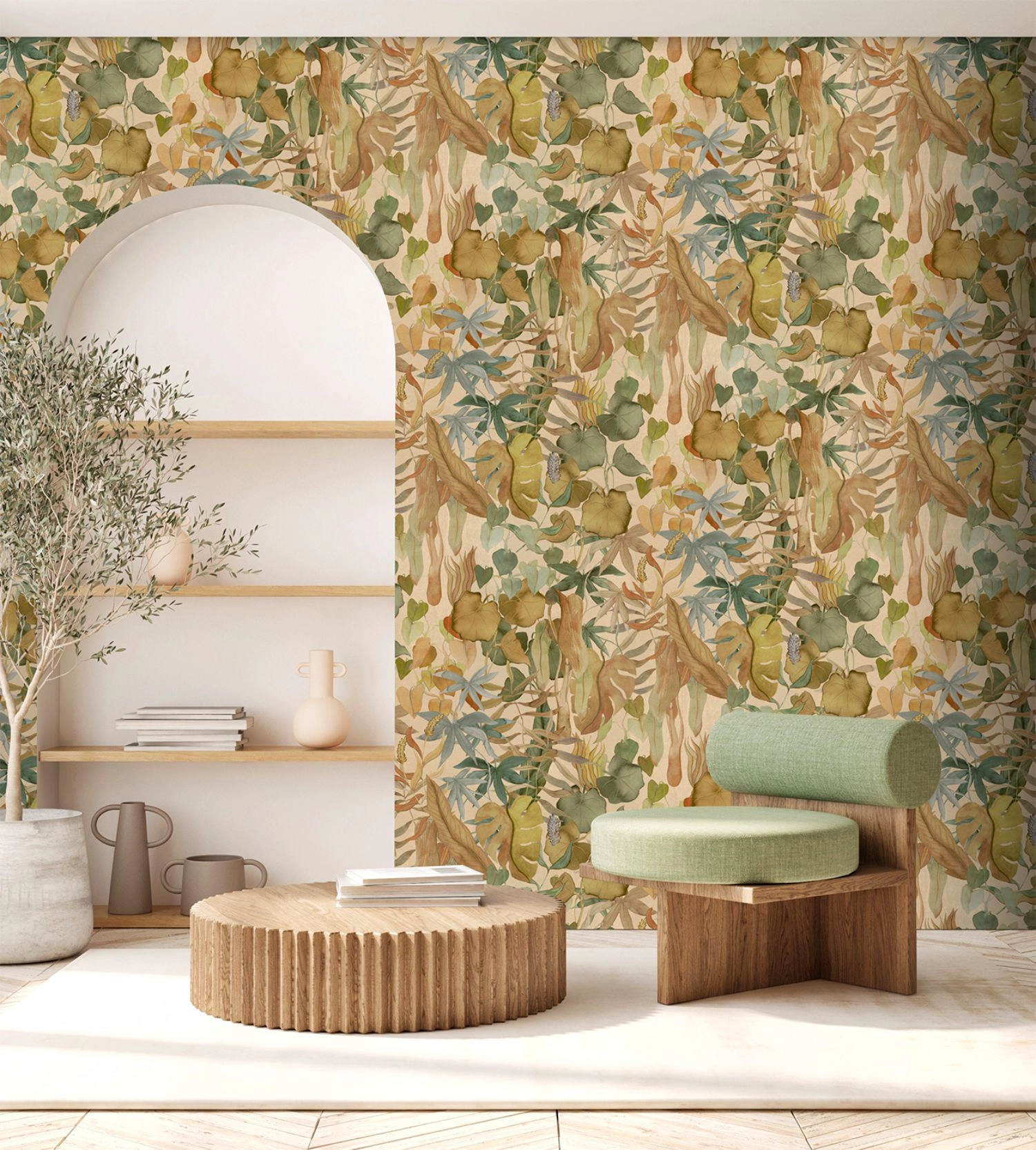 Fotótapéta viles, beige színű háttérrel absztrakt levél mintás