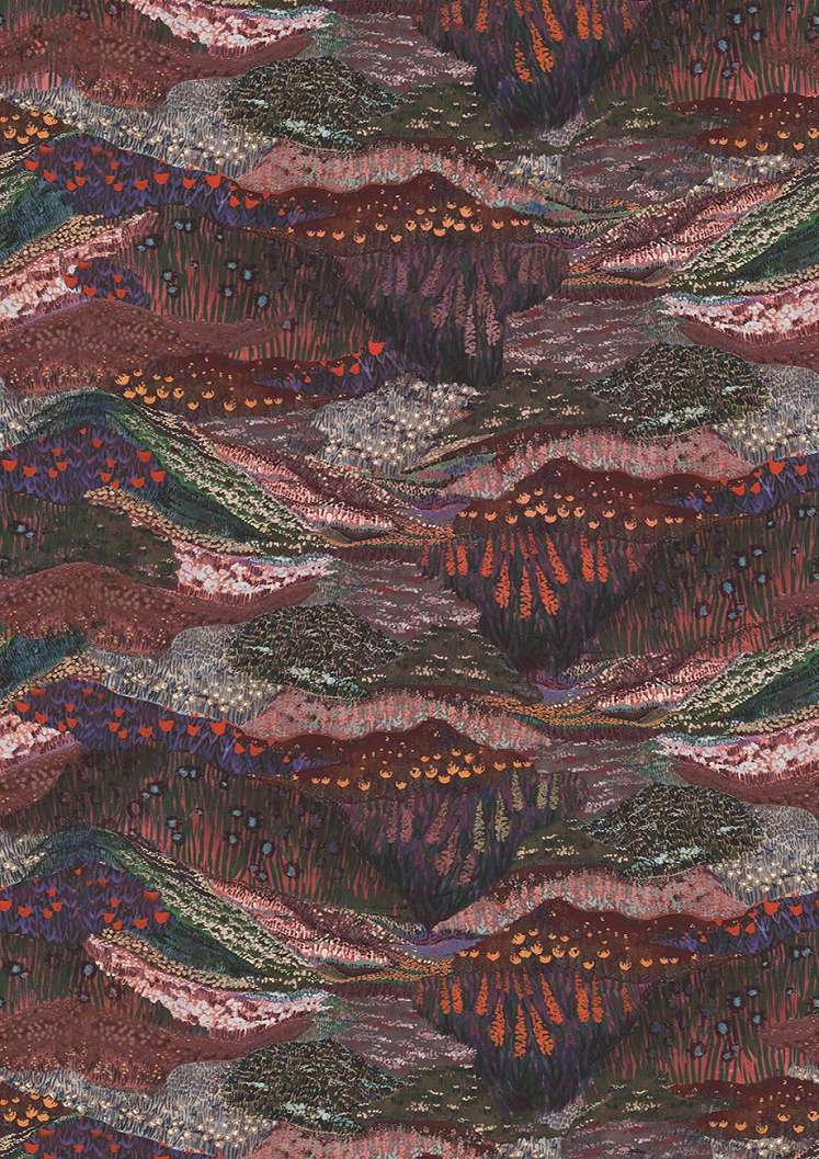 Fotótapéta viles, burgundi színben színes virágos szirt tájkép mintával