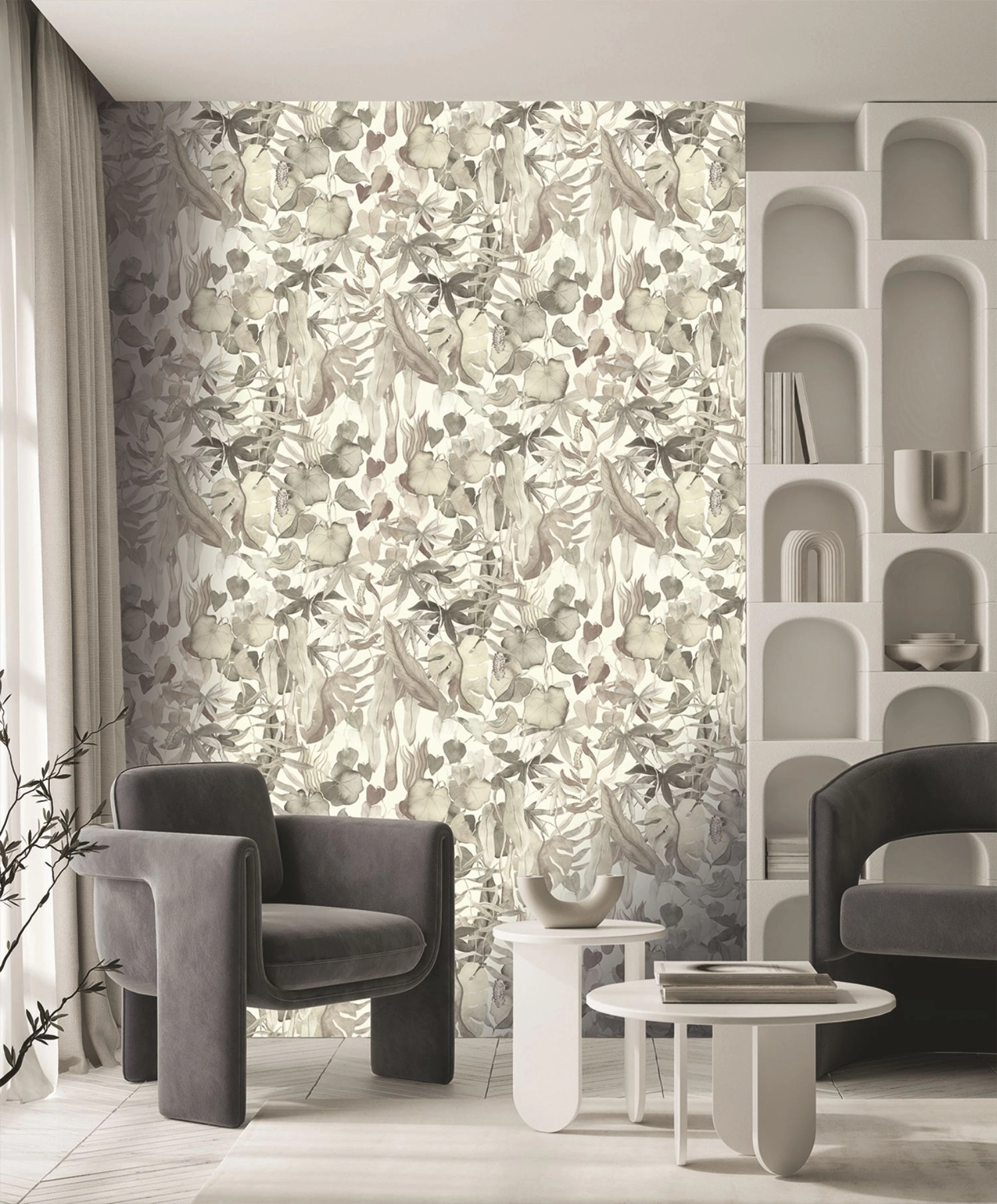 Fotótapéta viles, fehér színű háttérrel absztrakt levél mintás