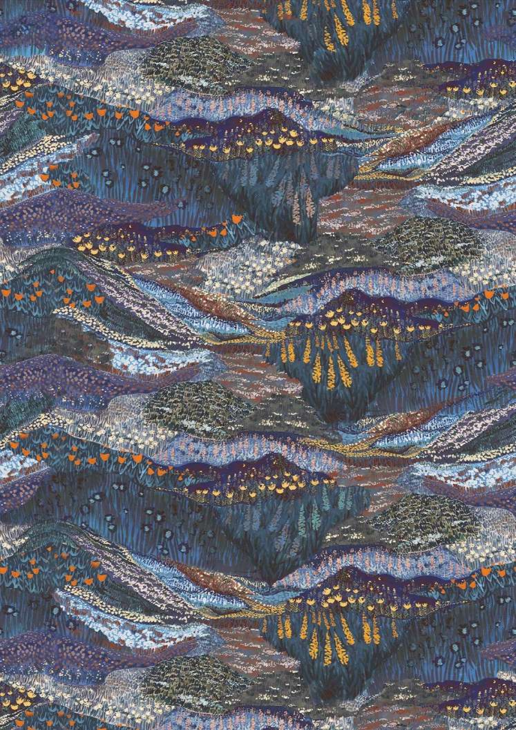 Fotótapéta viles, kék színben színes virágos szirt tájkép mintával