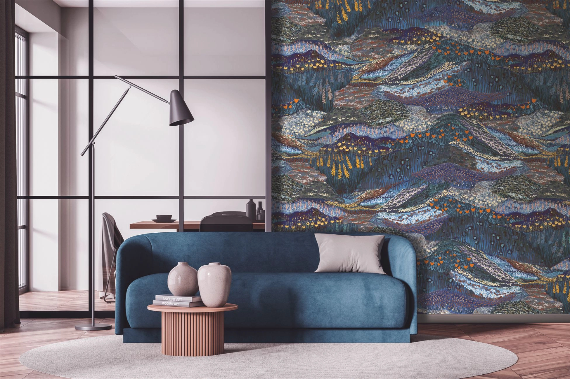 Fotótapéta viles, kék színben színes virágos szirt tájkép mintával