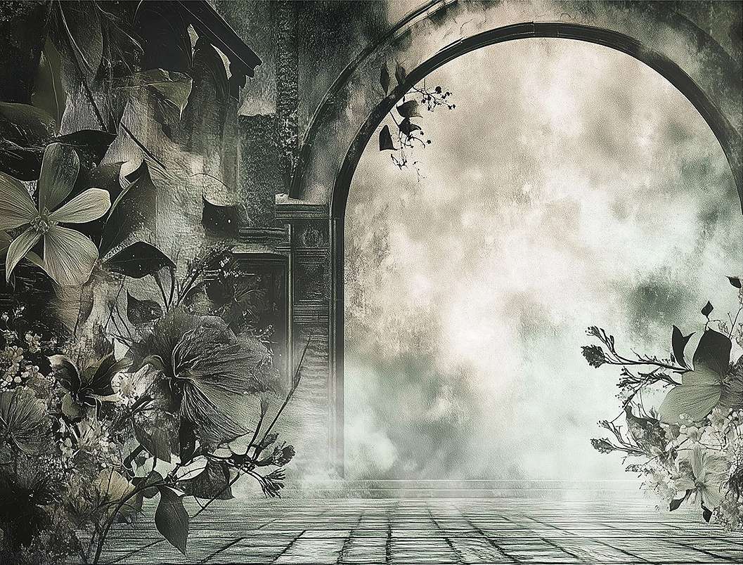 Fotótapéta virágokkal szegélyezett kőkapu mintával szürke színekkel 368x254 vlies