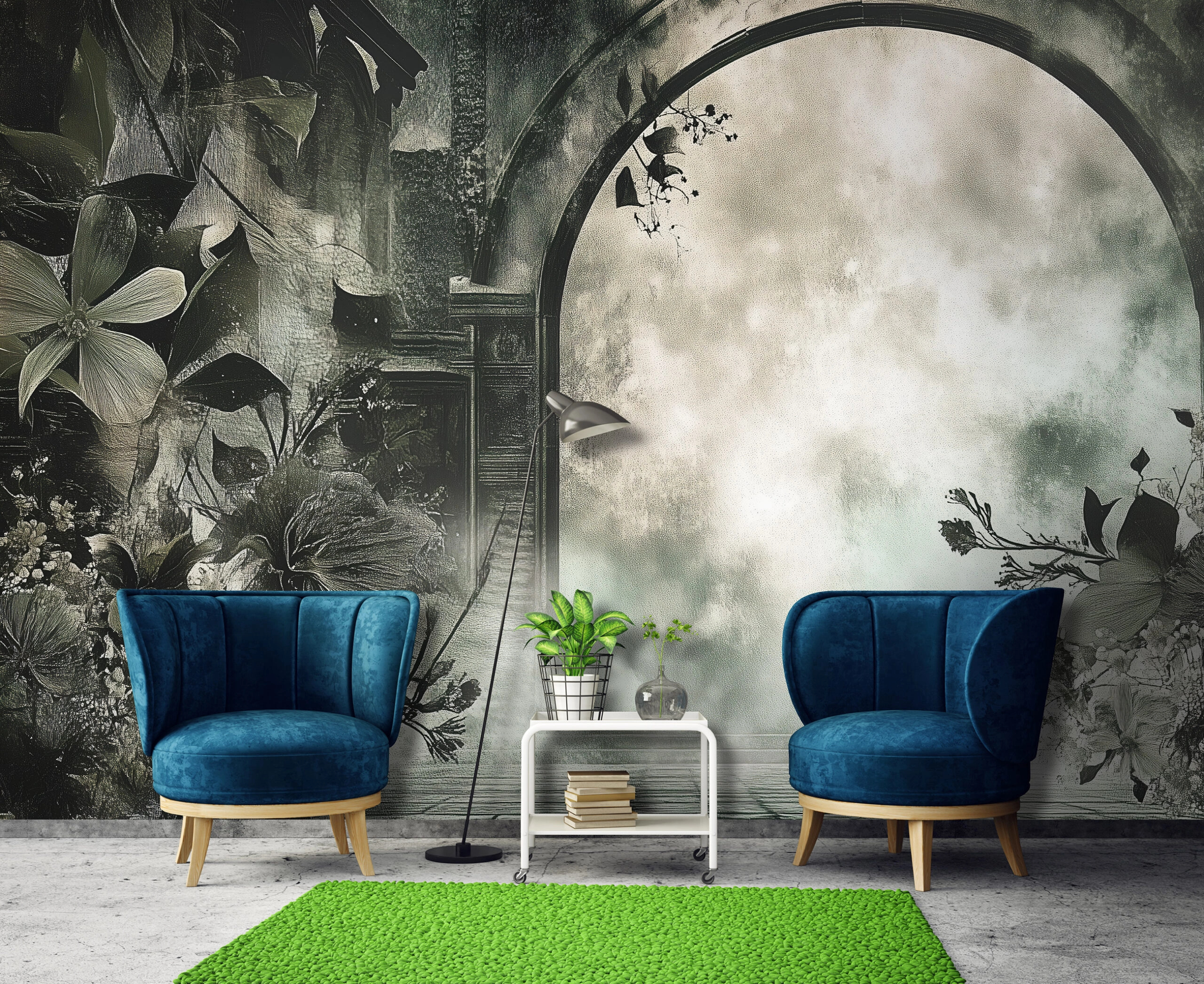 Fotótapéta virágokkal szegélyezett kőkapu mintával szürke színekkel 368x254 vlies