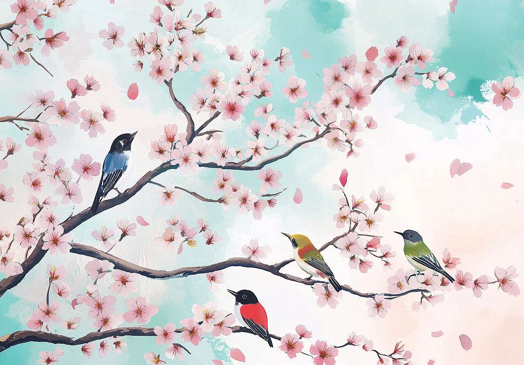 Fotótapéta virágzó cseresznyefa madarakkal mintával 368x254 vlies
