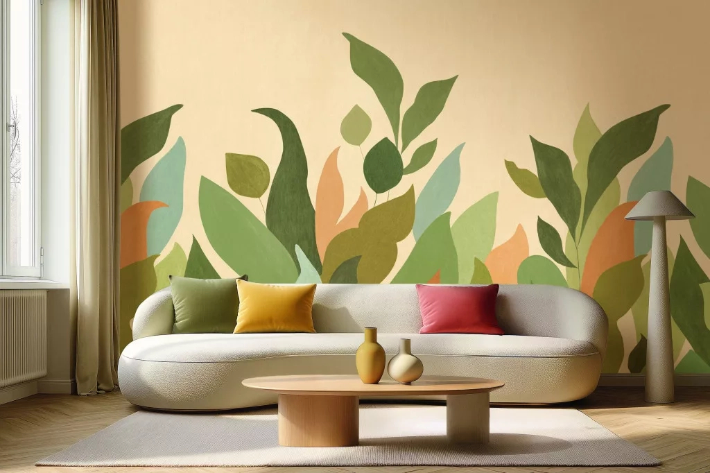 Fotótapéta zöld és beige leveles mintával 400 cm x 250 cm