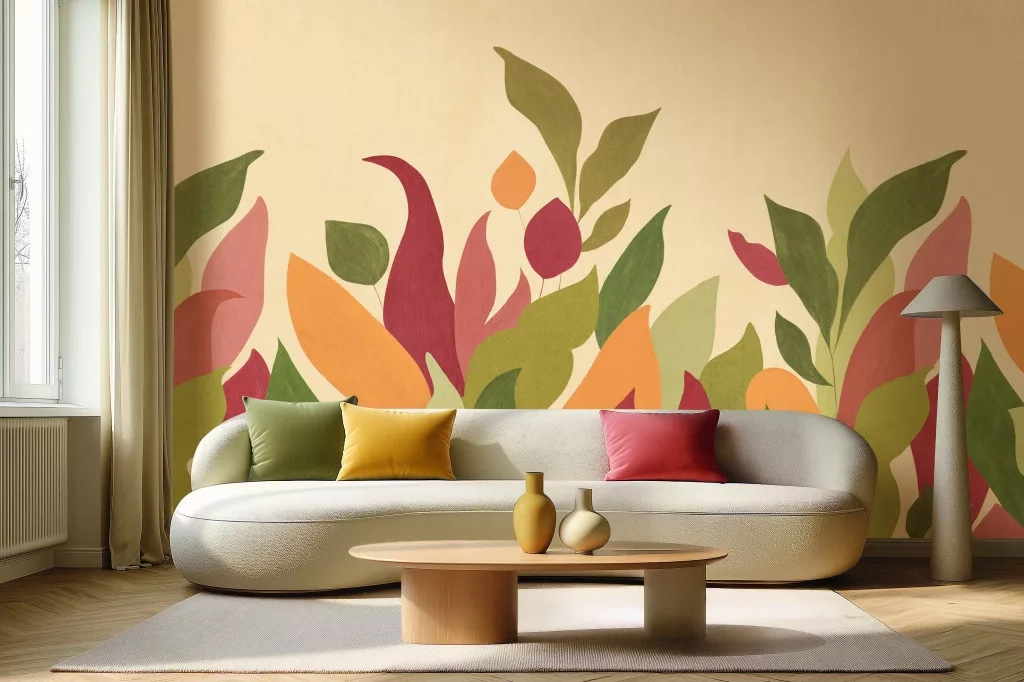 Fotótapéta zöld és terrakotta leveles mintával 400 cm x 250 cm