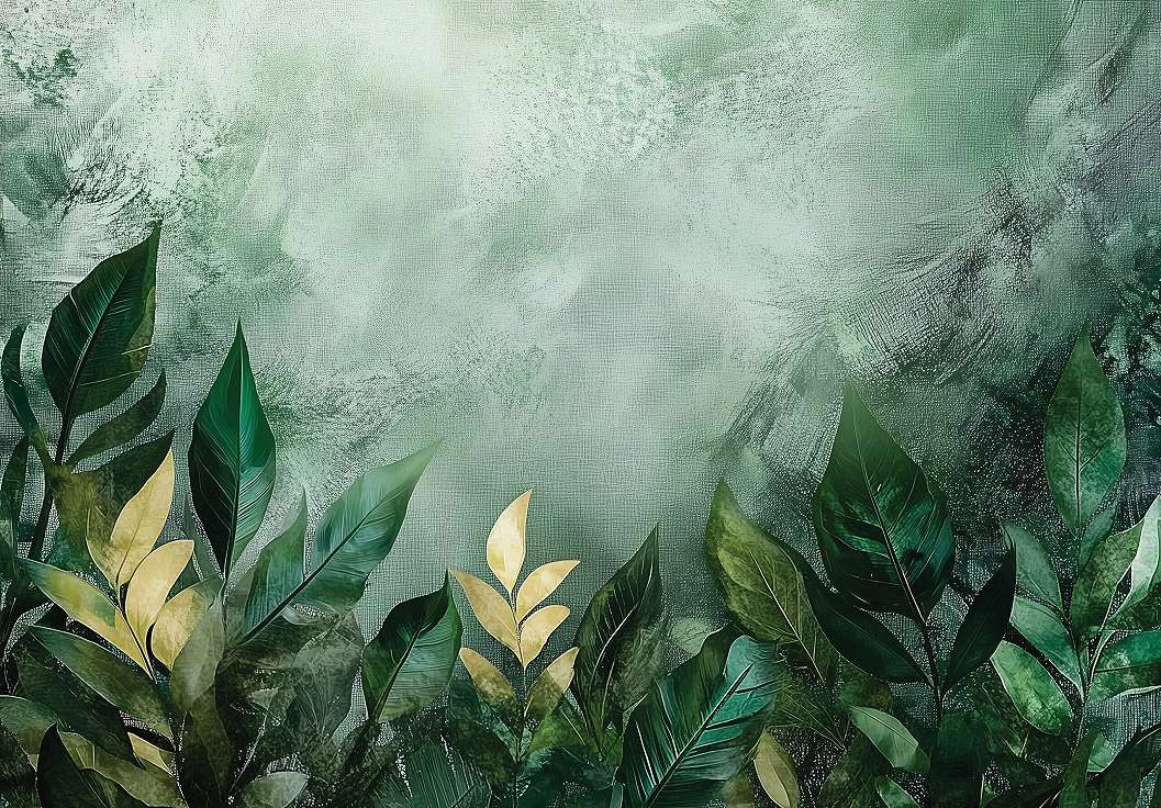 Fotótapéta zöld festékfoltos hátterű cserjés minta vászonkép hatású 368x254 vlies