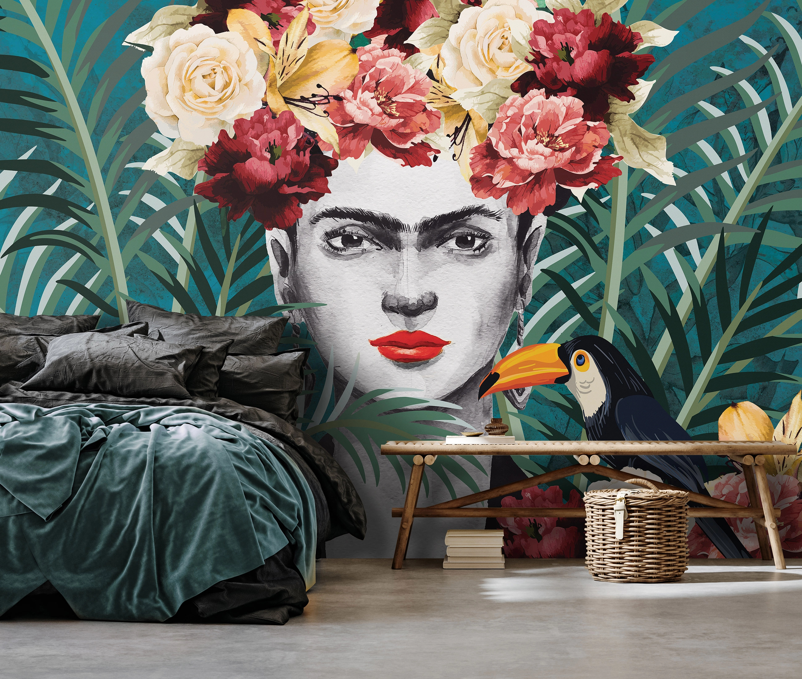 Frida Kahlo mintás fali poszter modern botanikus stílusban 368x254 vlies
