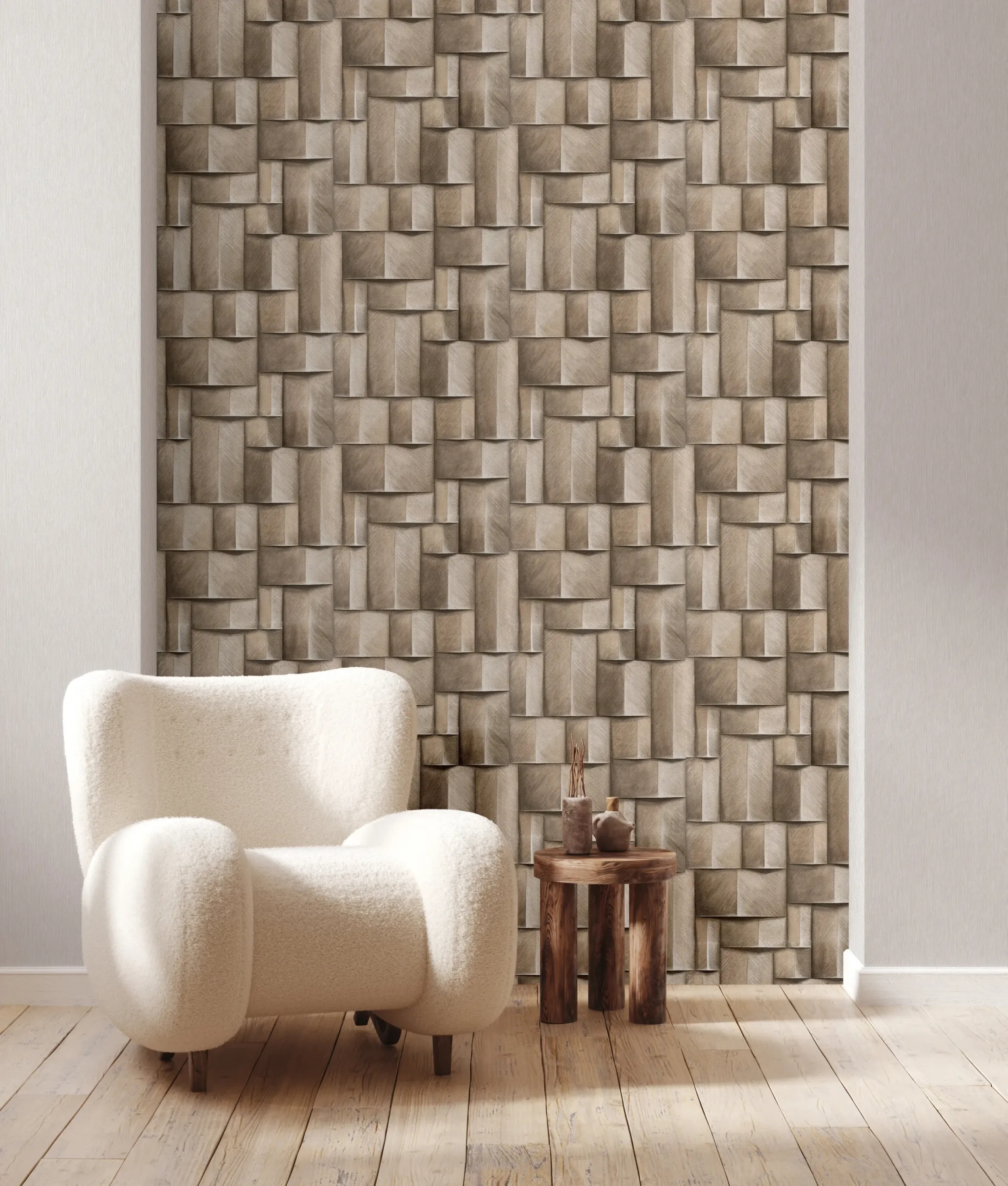 Geometrikus mintás fahatású beige színű dekor tapéta