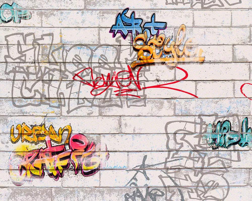 Graffiti mintás gyerek tapéta téglamintás alapon